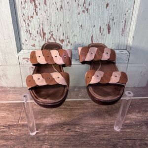 Women’s Dansko tan and brown velcro double strap wedge sandals